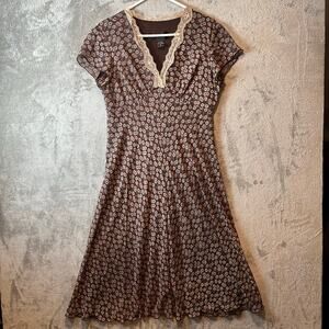 Y2K Vintage Floral Midi‎ Dress Lace Trim Cottagecore Grunge Romantic Size 12